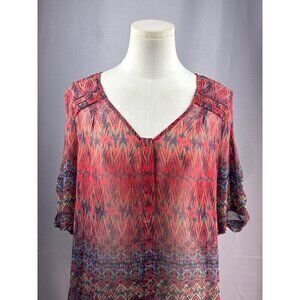 Skies Are Blue Womens V-Neck Blouse Medium Petite Multicolor Sheer 3/4 Sleeve Po
